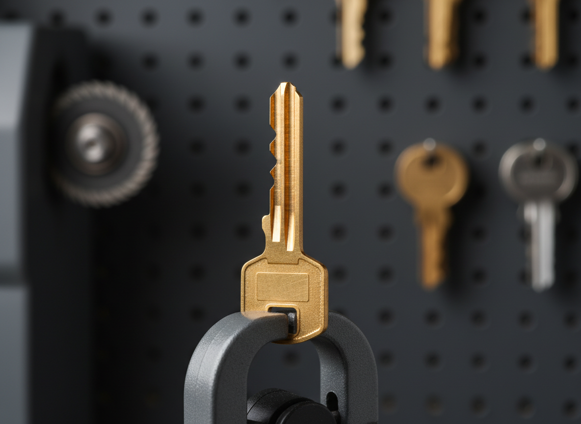 A highly detailed, photographic macro shot of a freshly cut brass key held upright by a small, neutral clamp on a plain, dark background, with no hands visible. The precision-cut teeth of the key catch focused studio lighting from above and slightly to the side, revealing fine machining marks and a warm golden tone. In the softly blurred background, silhouettes of a key-cutting machine and assorted key blanks create context without drawing attention from the main subject. The composition uses a shallow depth of field and centered framing to emphasize accuracy and craftsmanship. The mood is precise, technical, and professional, embodying the meticulous nature of key duplication and locksmith work through crisp, realistic detail.