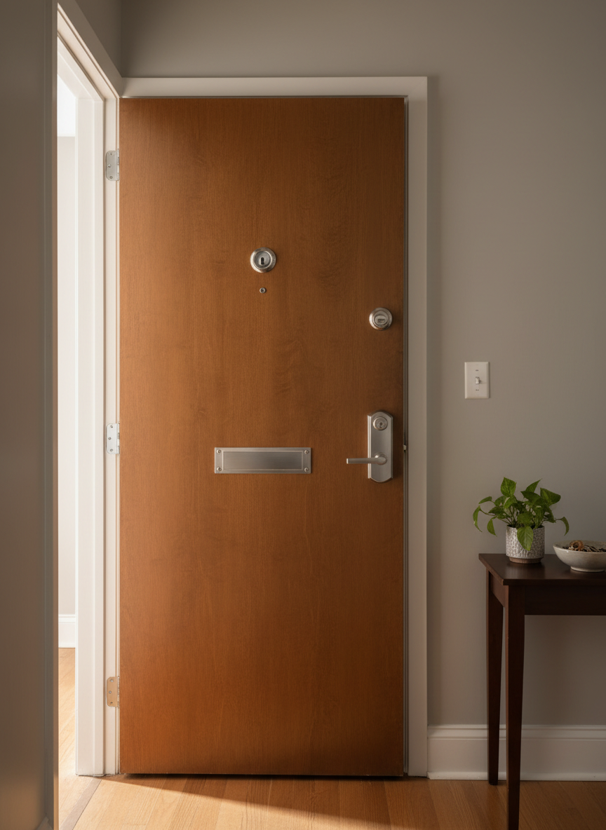 A tidy Brooklyn apartment entryway captured in photographic realism, showing a solid wood door with a matching deadbolt and lever handle in satin nickel finish. On the inside, a reinforced strike plate with long screws is clearly visible, and a small, discrete door viewer sits above. The walls are painted a soft neutral tone, and a minimal console table with a plant and bowl for keys sits nearby, slightly blurred to keep the focus on the lock hardware. Warm afternoon light filters in from an adjacent room, casting soft, inviting shadows and a gentle sheen on the metal. Shot at eye level with balanced composition, the mood feels safe, homey, and professionally secured, representing residential locksmith services in a polished, trustworthy way.