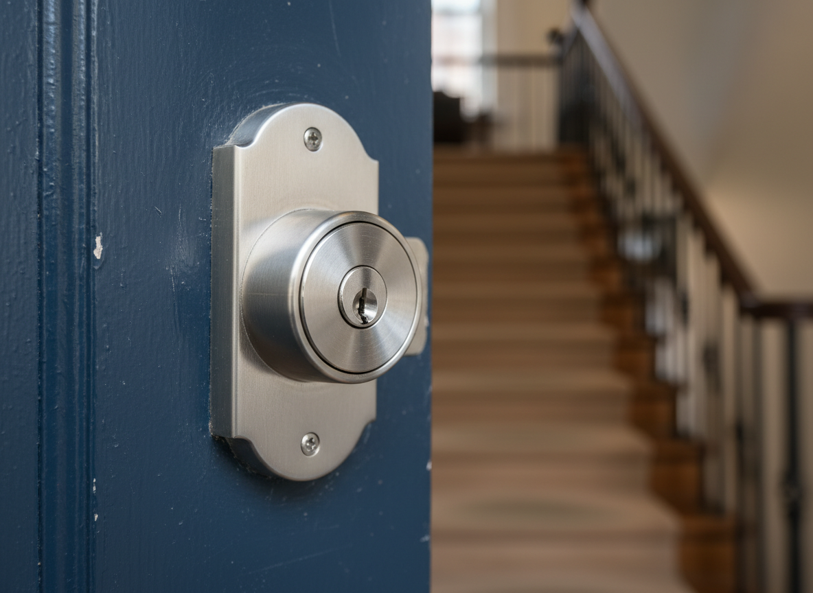 A close-up, photographic image of a high-security deadbolt lock installed on a solid navy-blue apartment door in a Brooklyn brownstone hallway. The brushed stainless steel lock and latch plate show fine machining lines and a subtle metallic sheen. Around it, the painted wood door has faint texture and tiny imperfections, making it feel authentic and lived-in. Soft, diffused daylight from an unseen corridor window creates gentle reflections on the metal and casts a clean, narrow shadow from the latch. Shot at eye level with a shallow depth of field, the background steps and railings blur into soft shapes, emphasizing the lock as the clear focal point. The atmosphere is professional, safe, and trustworthy, with realistic photographic detail.