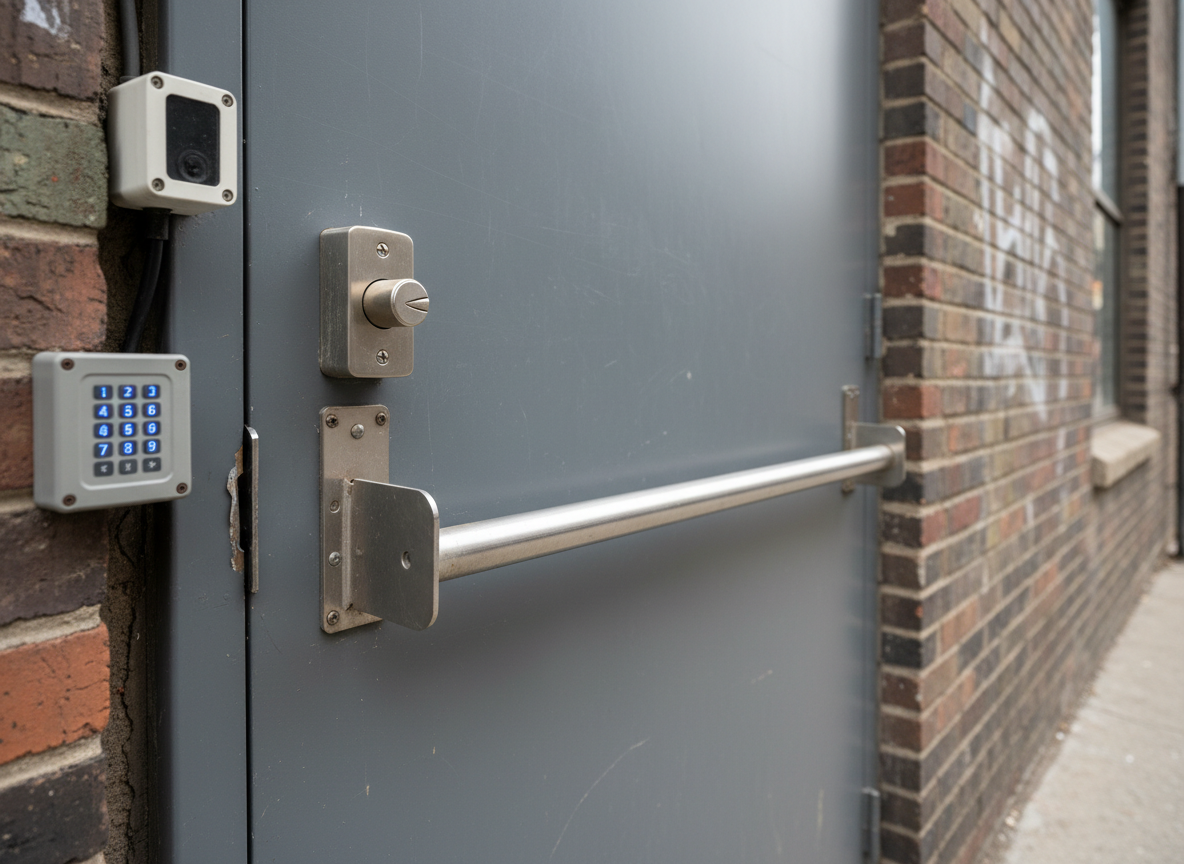 A photographic close-up of a reinforced steel security door on the rear of a commercial building in Brooklyn, featuring a heavy-duty mortise lock, stainless steel panic bar, and surface-mounted latch guard plate. The matte gray door shows faint brushed texture and a few subtle scuffs, conveying real-world use. A small CCTV camera housing and a weatherproof keypad are mounted nearby, hinting at integrated security solutions. Overcast daylight from an open alley softly illuminates the metal surfaces, creating crisp, defined edges and modest reflections without glare. Shot at a slightly low angle to make the door and hardware feel robust and imposing, the composition emphasizes reliability and protection. The mood is serious, secure, and highly professional, captured in clean, high-resolution photographic realism.