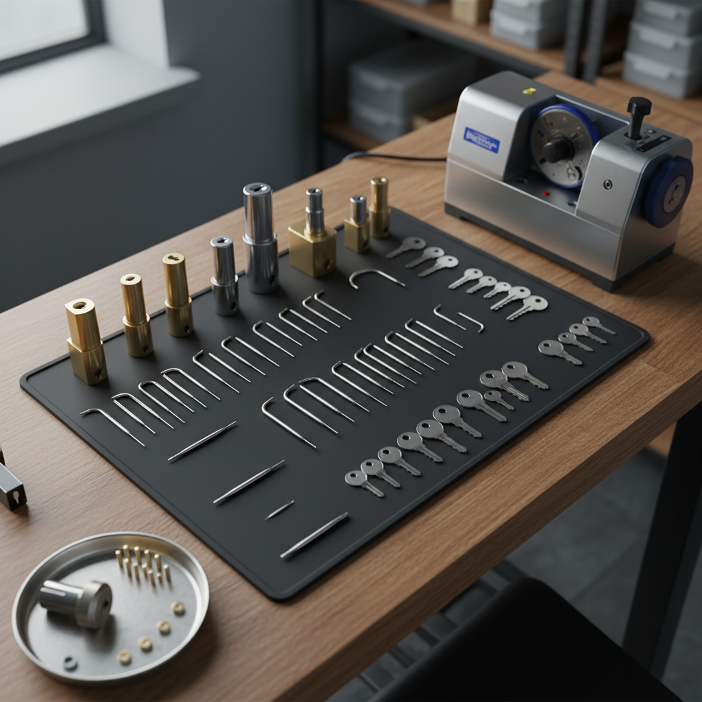 A detailed, photographic overhead shot of an organized locksmith workbench, featuring neatly arranged lock cylinders, precision picks, tension wrenches, key blanks, and a compact key-cutting machine. The wooden work surface has a smooth, well-worn grain, with a rubber mat section beneath the tools for protection. A partially disassembled deadbolt sits on a small tray, its pins and springs lined up in order. Cool daylight from a nearby window falls from the left, creating soft highlights on chrome and brass components and gentle shadows that emphasize depth. The background fades slightly out of focus to keep attention on the tools. The mood is meticulous, technical, and professional, showcasing the craft and reliability of locksmith work in clean, photographic realism.