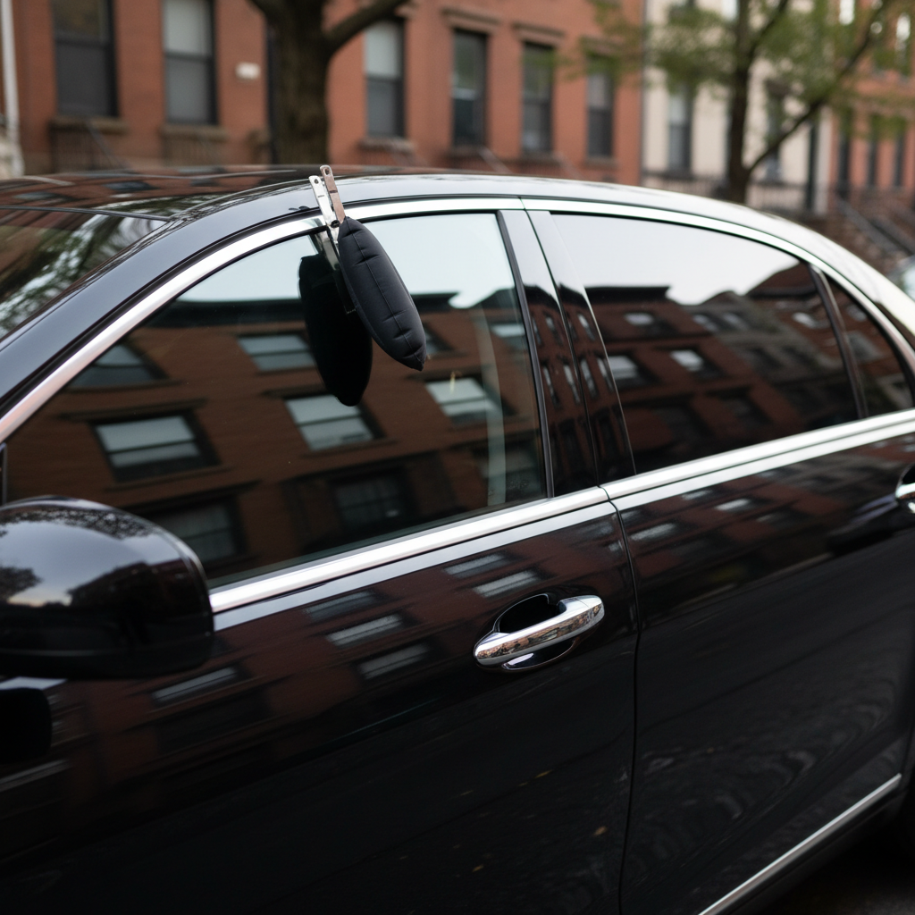 A photographic image of a sleek black sedan parked curbside in Brooklyn, with the camera focused on the driver-side door handle and nearby automotive lock cylinder. The glossy paint of the car reflects soft shapes of brownstone facades and tree branches along the street. A small, precise locksmith wedge tool and an inflatable air wedge are positioned at the top of the window, suggesting a careful, non-damaging lockout service without showing any people. Late afternoon overcast light gives an even, diffused illumination, eliminating harsh glare while still creating subtle highlights along the chrome trim. Shot from a slightly elevated, three-quarter angle, the background buildings blur gently, keeping attention on the car door. The atmosphere is calm, efficient, and reassuring, emphasizing professional automotive locksmith expertise.