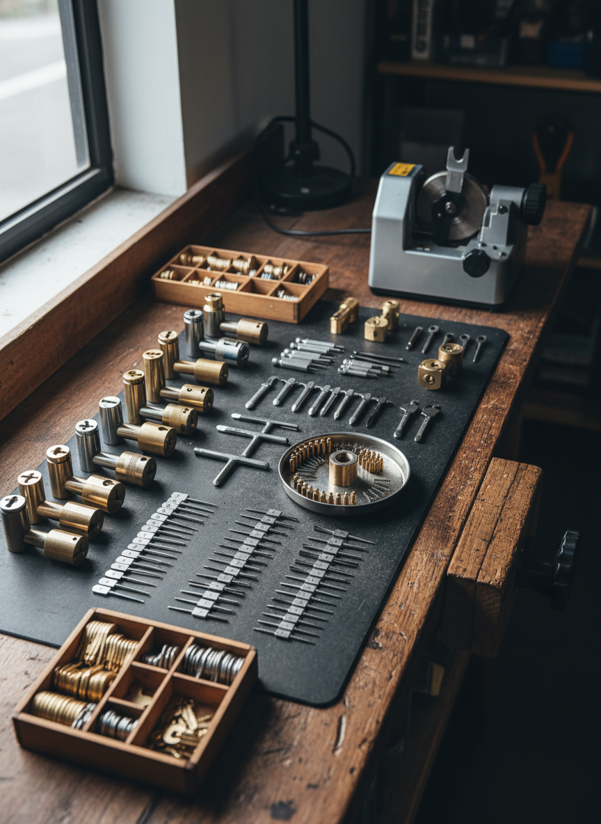 A detailed, photographic overhead shot of an organized locksmith workbench, featuring neatly arranged lock cylinders, precision picks, tension wrenches, key blanks, and a compact key-cutting machine. The wooden work surface has a smooth, well-worn grain, with a rubber mat section beneath the tools for protection. A partially disassembled deadbolt sits on a small tray, its pins and springs lined up in order. Cool daylight from a nearby window falls from the left, creating soft highlights on chrome and brass components and gentle shadows that emphasize depth. The background fades slightly out of focus to keep attention on the tools. The mood is meticulous, technical, and professional, showcasing the craft and reliability of locksmith work in clean, photographic realism.