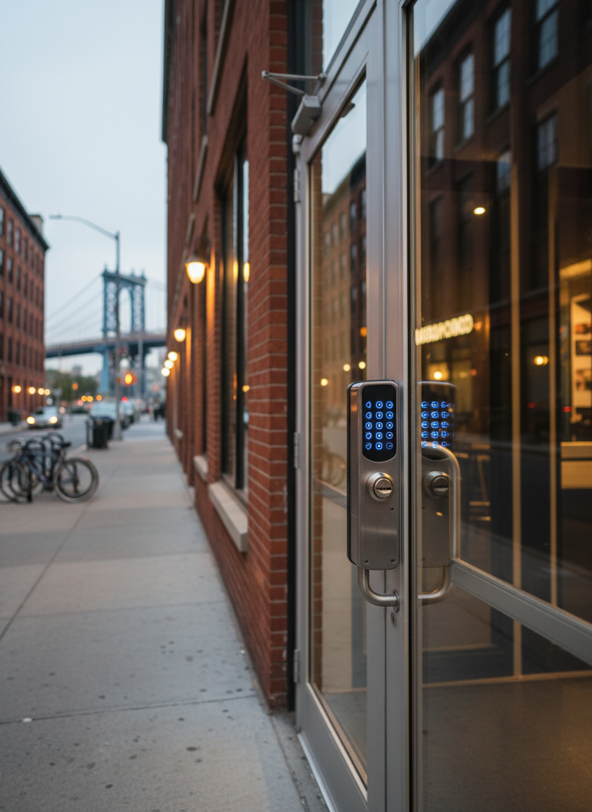 A wide, photographic view of a Brooklyn sidewalk in front of a classic red-brick mixed-use building at dusk, focusing on a sturdy glass-and-aluminum storefront door secured with a modern access control lock and visible cylinder. The metal hardware appears clean, brushed, and meticulously installed, with a reinforced strike plate and door closer overhead. Streetlights and warm interior lighting combine to create soft reflections on the glass and subtle highlights along the lock’s edges. The scene is framed using the rule of thirds, with the door slightly off-center and the blurred city street, parked bikes, and faint bridge structure in the background. The mood is professional and secure, evoking dependable commercial locksmith services through realistic, high-resolution photographic realism.
