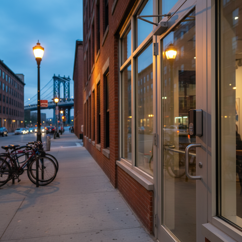 A wide, photographic view of a Brooklyn sidewalk in front of a classic red-brick mixed-use building at dusk, focusing on a sturdy glass-and-aluminum storefront door secured with a modern access control lock and visible cylinder. The metal hardware appears clean, brushed, and meticulously installed, with a reinforced strike plate and door closer overhead. Streetlights and warm interior lighting combine to create soft reflections on the glass and subtle highlights along the lock’s edges. The scene is framed using the rule of thirds, with the door slightly off-center and the blurred city street, parked bikes, and faint bridge structure in the background. The mood is professional and secure, evoking dependable commercial locksmith services through realistic, high-resolution photographic realism.